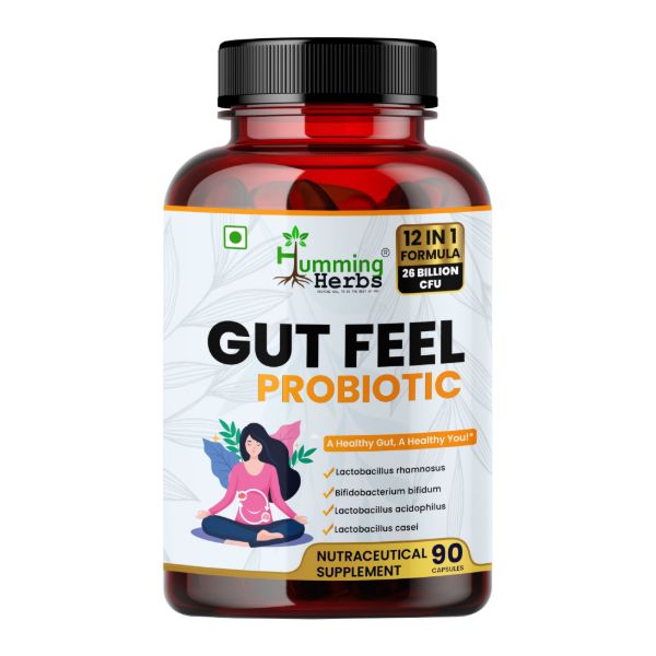 Humming Herbs Gut Feel Probiotic Supplement | 12-in-1 Formula with 26 Billion CFU | 90 Veg Capsules