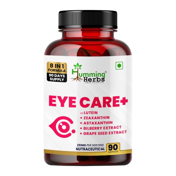 Humming Herbs Eye Care+ Supplement | 8-in-1 Formula with Lutein, Zeaxanthin, Astaxanthin, Bilberry &amp; Grape Seed Extract | 90 Veg Capsules