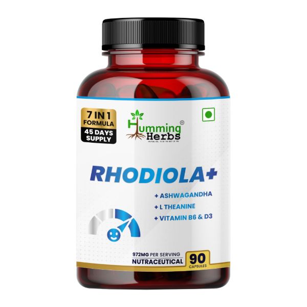 Humming Herbs Rhodiola+ Supplement | 7-in-1 Formula Rhodiola Rosea, Ashwagandha, L-Theanine, Vitamin B6, D3, Zinc &amp; CoQ10 | 90 Veg Capsules