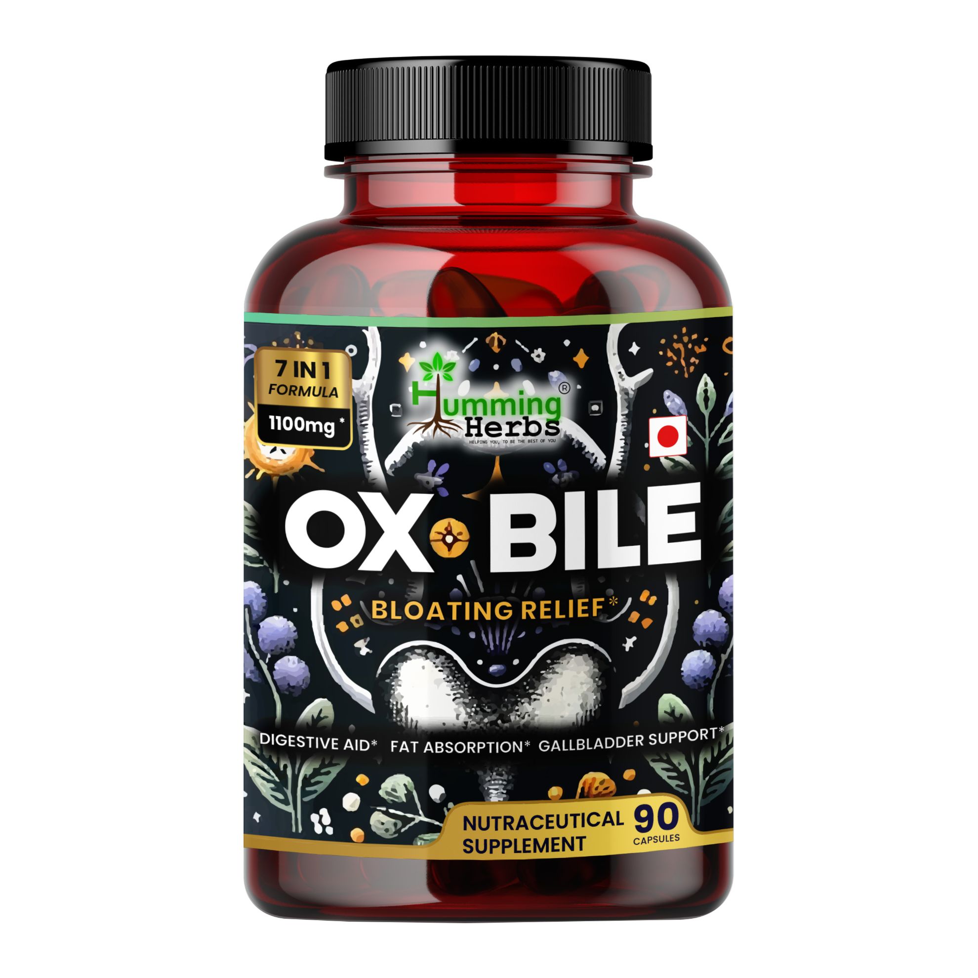 Picture of Ox Bile 1100mg - 7-in-1 Digestive Support Supplement with Probiotics, Curcumin & Bromelain - 90 Capsules