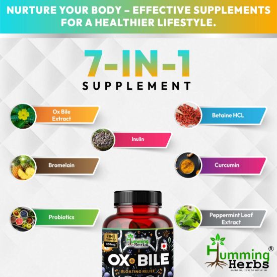 Picture of Ox Bile 1100mg - 7-in-1 Digestive Support Supplement with Probiotics, Curcumin & Bromelain - 90 Capsules