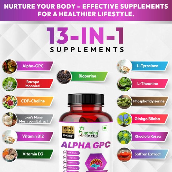 Picture of Alpha GPC 1800mg - 13 in 1 Brain Health Supplement with CDP Choline, L-Tyrosine, L-Theanine & Lion's Mane - 90 Vegetarian Capsules