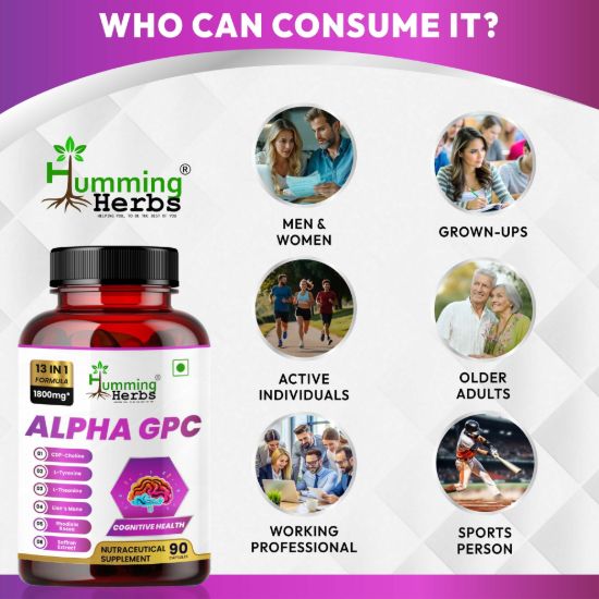 Picture of Alpha GPC 1800mg - 13 in 1 Brain Health Supplement with CDP Choline, L-Tyrosine, L-Theanine & Lion's Mane - 90 Vegetarian Capsules