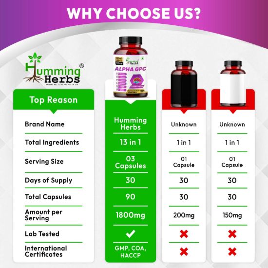 Picture of Alpha GPC 1800mg - 13 in 1 Brain Health Supplement with CDP Choline, L-Tyrosine, L-Theanine & Lion's Mane - 90 Vegetarian Capsules