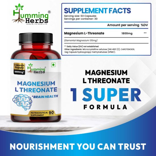 Picture of Magnesium L-Threonate 1800mg – Brain Health Supplement for Mental Clarity & Cognitive Support – 90 Vegan Capsules (30 Days Supply)
