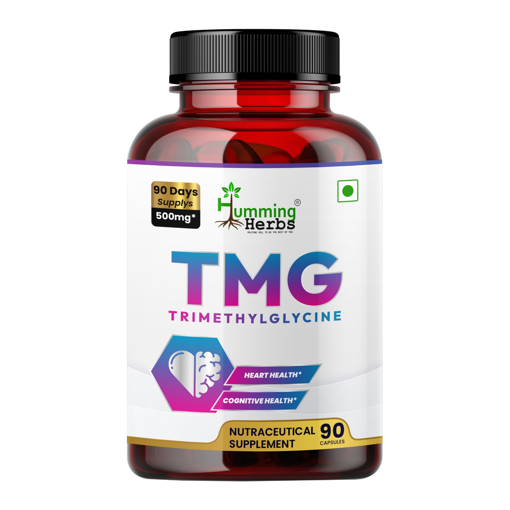Picture of TMG Trimethylglycine 500mg - 90 Veg Capsules for Heart Health, Brain Function & Mood Support