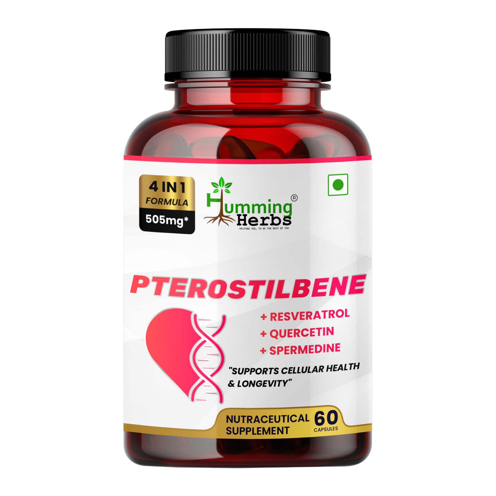 Picture of Pterostilbene Supplement - 4-in-1 Formula with Trans-Resveratrol, Quercetin & Spermidine - 60 Capsules for Cellular Health & Longevity Support