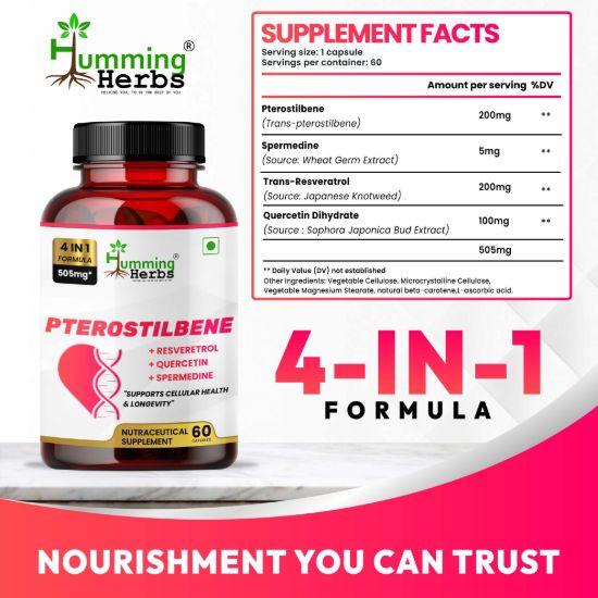 Picture of Pterostilbene Supplement - 4-in-1 Formula with Trans-Resveratrol, Quercetin & Spermidine - 60 Capsules for Cellular Health & Longevity Support
