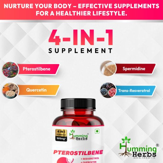 Picture of Pterostilbene Supplement - 4-in-1 Formula with Trans-Resveratrol, Quercetin & Spermidine - 60 Capsules for Cellular Health & Longevity Support