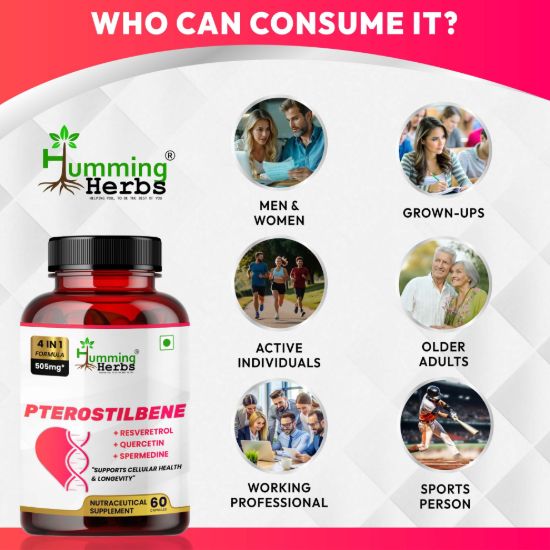 Picture of Pterostilbene Supplement - 4-in-1 Formula with Trans-Resveratrol, Quercetin & Spermidine - 60 Capsules for Cellular Health & Longevity Support