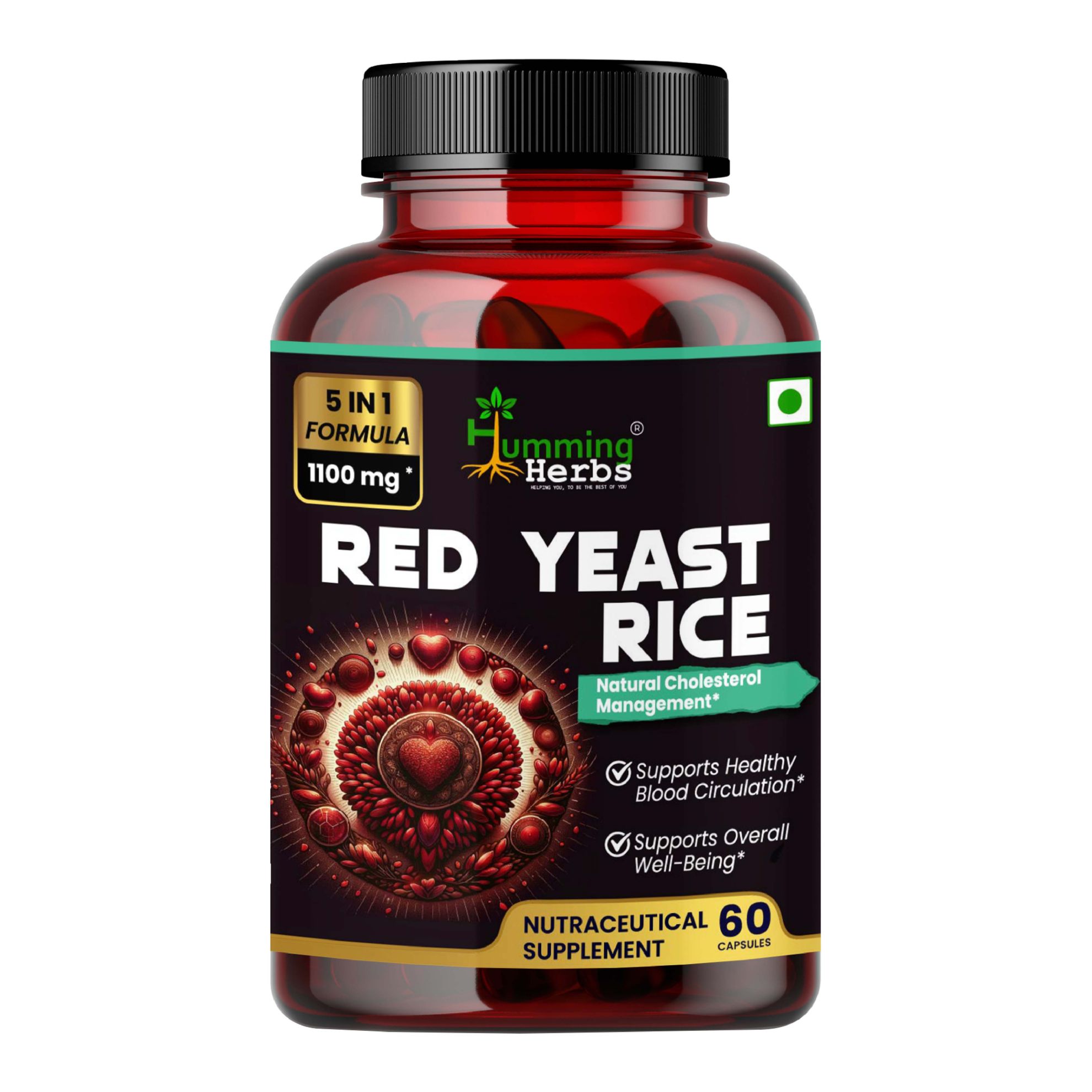 Picture of Red Yeast Rice Capsules 1100mg - 5-in-1 Formula with CoQ10, Beta-Sitosterol, Policosanol & Lycopene for Cholesterol Management & Heart Health Support - 60 Vegetarian Capsules