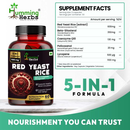 Picture of Red Yeast Rice Capsules 1100mg - 5-in-1 Formula with CoQ10, Beta-Sitosterol, Policosanol & Lycopene for Cholesterol Management & Heart Health Support - 60 Vegetarian Capsules
