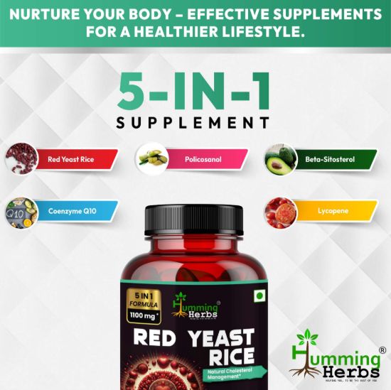 Picture of Red Yeast Rice Capsules 1100mg - 5-in-1 Formula with CoQ10, Beta-Sitosterol, Policosanol & Lycopene for Cholesterol Management & Heart Health Support - 60 Vegetarian Capsules