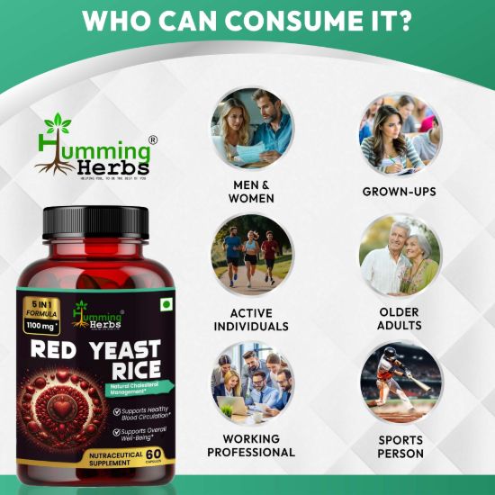 Picture of Red Yeast Rice Capsules 1100mg - 5-in-1 Formula with CoQ10, Beta-Sitosterol, Policosanol & Lycopene for Cholesterol Management & Heart Health Support - 60 Vegetarian Capsules