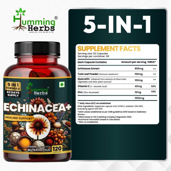 Picture of Echinacea Plus Capsules | 5-in-1 Immunity Support Formula with Tulsi, Quercetin, Vitamin C & Zinc | 120 Capsules for 60 Days Supply