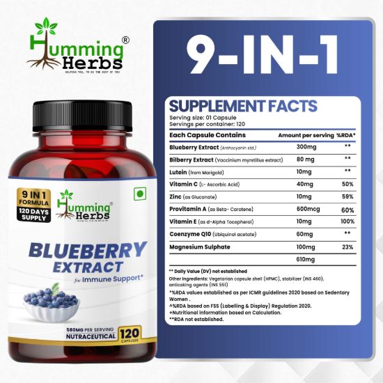 Picture of Blueberry Extract Capsules 9-in-1 Formula with Lutein, Bilberry, Vitamins & CoQ10 for Immune & Vision Support - 120 Capsules (120 Days Supply)