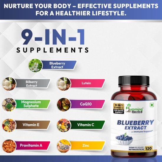 Picture of Blueberry Extract Capsules 9-in-1 Formula with Lutein, Bilberry, Vitamins & CoQ10 for Immune & Vision Support - 120 Capsules (120 Days Supply)