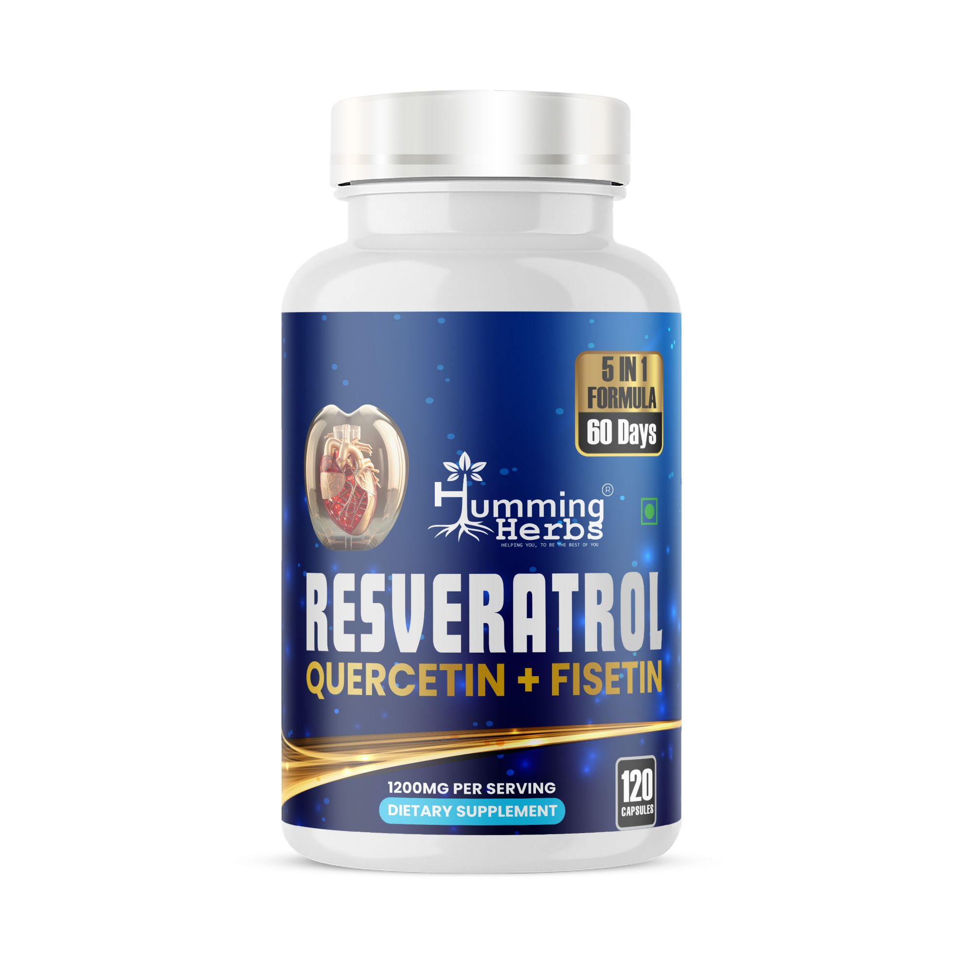 Picture of Resveratrol 1200mg with Quercetin, Fisetin, Spermidine & Vitamin D3 - 5-in-1 Formula for Heart Health & Anti-Aging Support - 120 Veg Capsules (60 Day Supply)
