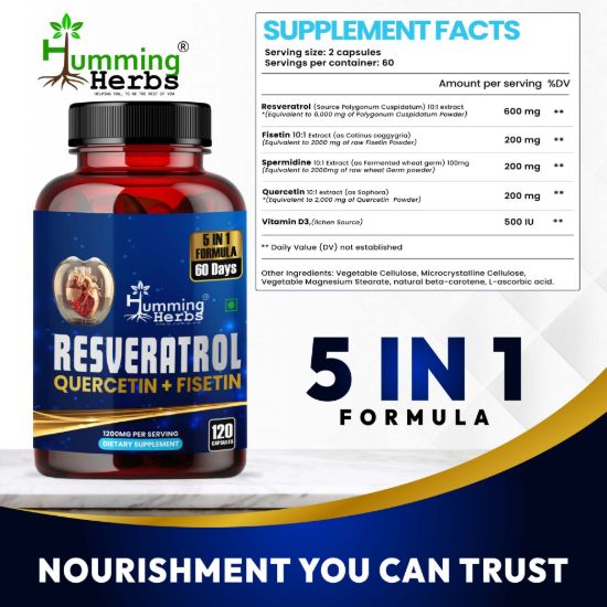 Picture of Resveratrol 1200mg with Quercetin, Fisetin, Spermidine & Vitamin D3 - 5-in-1 Formula for Heart Health & Anti-Aging Support - 120 Veg Capsules (60 Day Supply)
