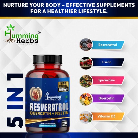 Picture of Resveratrol 1200mg with Quercetin, Fisetin, Spermidine & Vitamin D3 - 5-in-1 Formula for Heart Health & Anti-Aging Support - 120 Veg Capsules (60 Day Supply)