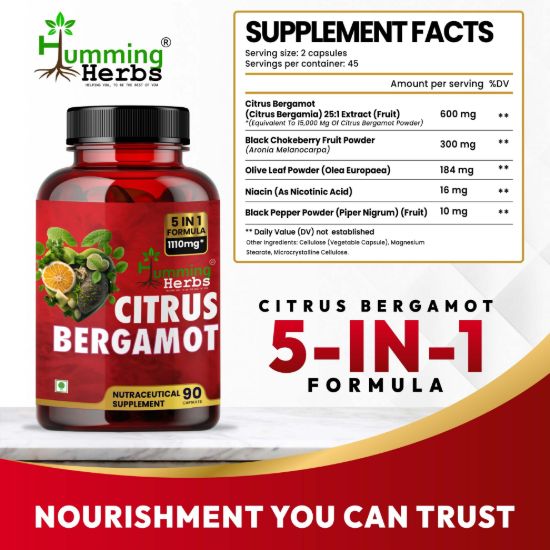 Picture of Citrus Bergamot Capsules - 5 in 1 Formula with Black Chokeberry, Olive Leaf, Niacin & Black Pepper - 1110mg, 90 Veg Capsules for Cardiovascular & Metabolic Health Support
