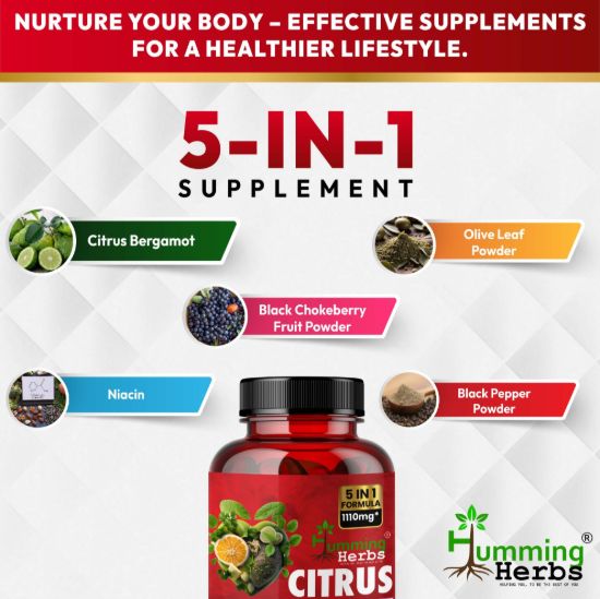 Picture of Citrus Bergamot Capsules - 5 in 1 Formula with Black Chokeberry, Olive Leaf, Niacin & Black Pepper - 1110mg, 90 Veg Capsules for Cardiovascular & Metabolic Health Support