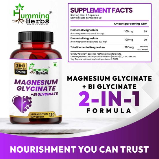 Picture of Magnesium Glycinate + Bisglycinate Supplement - 1000mg, 120 Capsules for Heart Health, Sleep & Relaxation