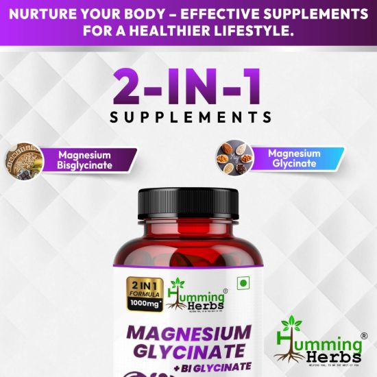 Picture of Magnesium Glycinate + Bisglycinate Supplement - 1000mg, 120 Capsules for Heart Health, Sleep & Relaxation