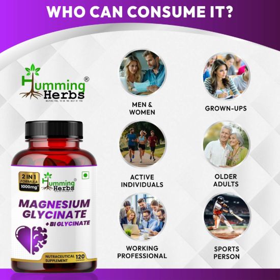 Picture of Magnesium Glycinate + Bisglycinate Supplement - 1000mg, 120 Capsules for Heart Health, Sleep & Relaxation