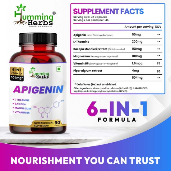 Picture of Apigenin 50mg Supplement with L-Theanine, Bacopa, Magnesium & Vitamin B6 - 6-in-1 Formula for Cognitive Health & Relaxation Support - 90 Capsules