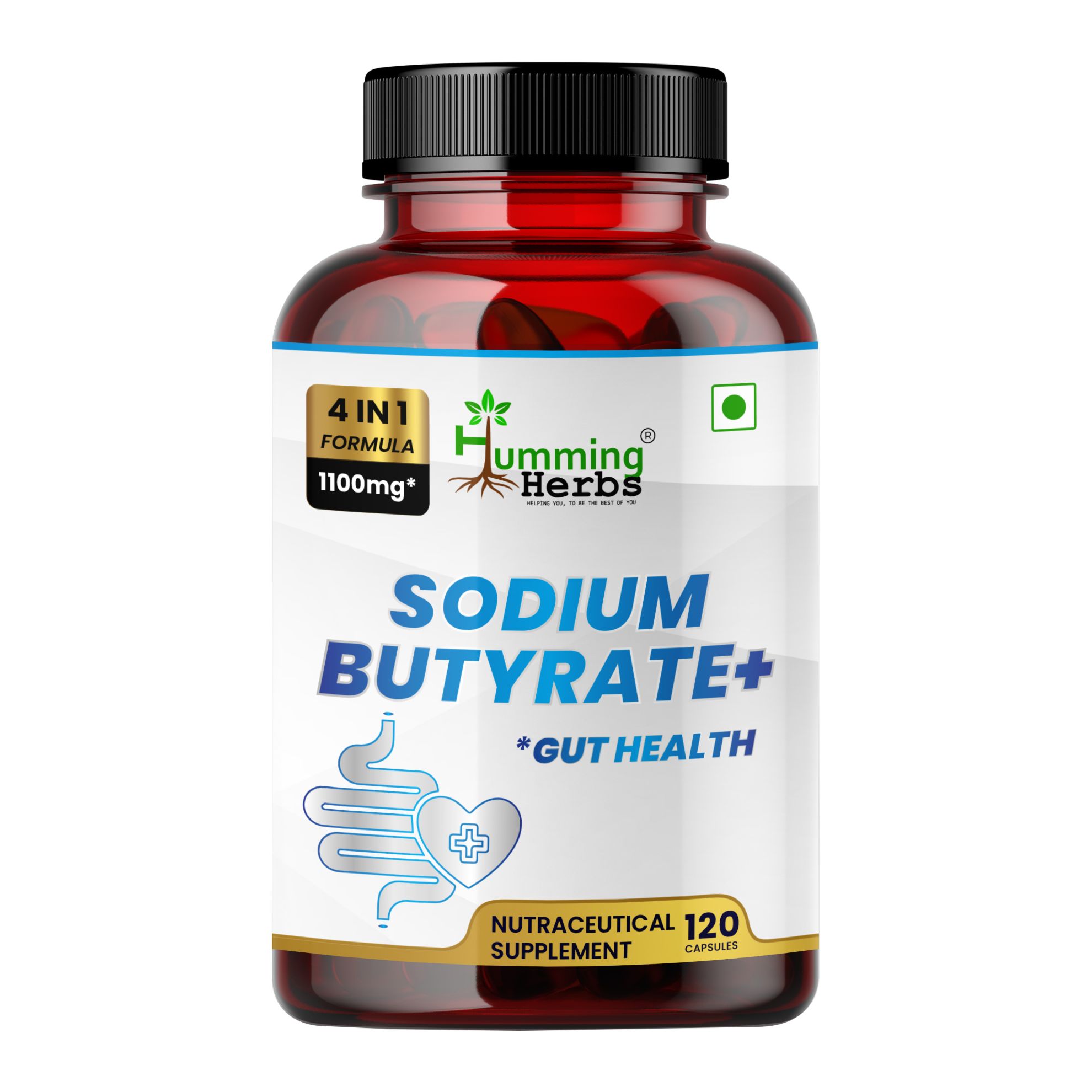 Picture of Sodium Butyrate Plus with L-Glutamine, Prebiotic Inulin & Probiotic Blend - 4-in-1 Formula, 1100mg Per Serving, 120 Capsules (60 Servings)