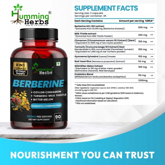Picture of Humming Herbs Berberine 1300mg with Ceylon Cinnamon, Turmeric & Milk Thistle - 8-in-1 Formula, 90 Capsules (45 Days Supply)