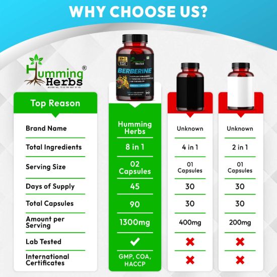 Picture of Berberine 1300mg Supplement with Ceylon Cinnamon, Turmeric, Milk Thistle & Bitter Melon - 8-in-1 Formula for Blood Sugar & Metabolism Support - 90 Veg Capsules, 45 Days Supply