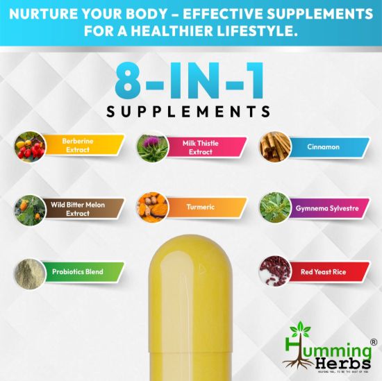 Picture of Berberine 1300mg Supplement with Ceylon Cinnamon, Turmeric, Milk Thistle & Bitter Melon - 8-in-1 Formula for Blood Sugar & Metabolism Support - 90 Veg Capsules, 45 Days Supply