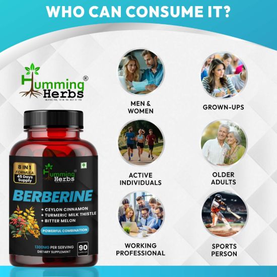 Picture of Humming Herbs Berberine 1300mg with Ceylon Cinnamon, Turmeric & Milk Thistle - 8-in-1 Formula, 90 Capsules (45 Days Supply)