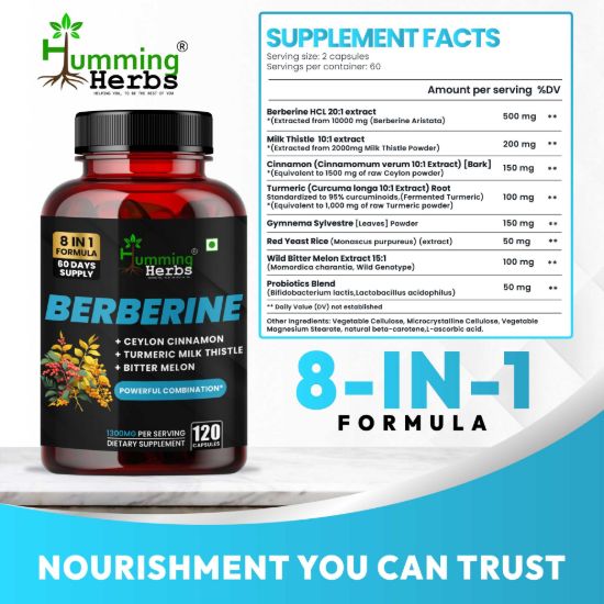Picture of Berberine Supplement 8-in-1 Formula with Ceylon Cinnamon, Turmeric, Milk Thistle & Bitter Melon - 120 Capsules
