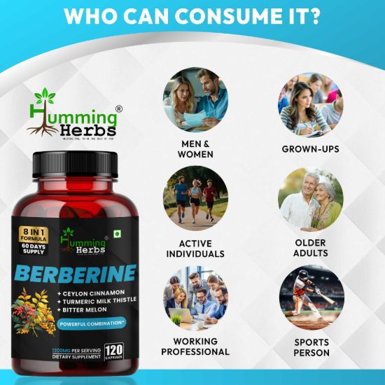 Picture of Berberine Supplement 8-in-1 Formula with Ceylon Cinnamon, Turmeric, Milk Thistle & Bitter Melon - 120 Capsules