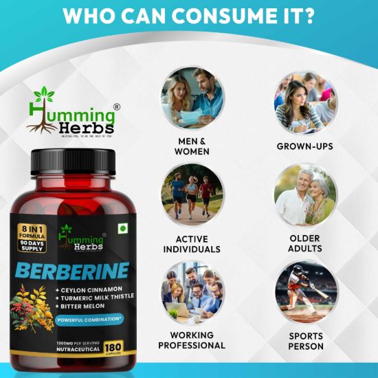 Picture of Berberine 1300mg with Ceylon Cinnamon, Turmeric & Milk Thistle - 8 in 1 Formula - 180 Capsules (90 Days Supply)