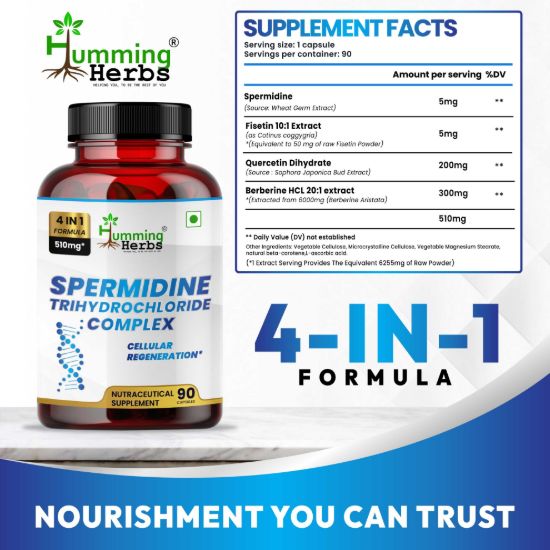 Picture of Spermidine Trihydrochloride Complex 510mg - 4-in-1 Formula with Fisetin, Quercetin & Berberine - 90 Capsules for Cellular Regeneration & Anti-Aging Support