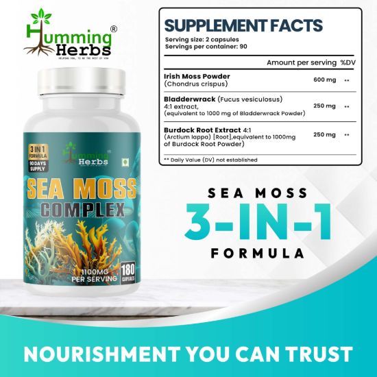 Picture of Sea Moss Complex 3-in-1 Formula with Irish Moss, Bladderwrack & Burdock Root - 180 Capsules (1100mg, 90 Days Supply)