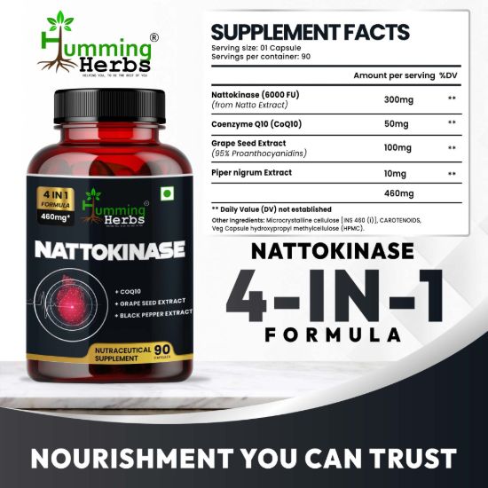 Picture of Nattokinase 4-in-1 Formula with CoQ10, Grape Seed Extract & Black Pepper - 460mg Cardiovascular Support Supplement - 90 Capsules