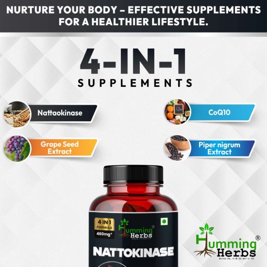 Picture of Nattokinase 4-in-1 Formula with CoQ10, Grape Seed Extract & Black Pepper - 460mg Cardiovascular Support Supplement - 90 Capsules