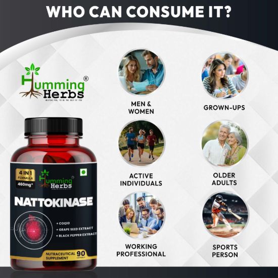 Picture of Nattokinase 4-in-1 Formula with CoQ10, Grape Seed Extract & Black Pepper - 460mg Cardiovascular Support Supplement - 90 Capsules