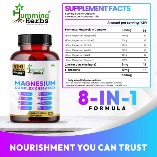 Picture of Magnesium Complex Chelated Supplement 500mg - 8-in-1 Formula with Zinc & L-Theanine - 120 Capsules (120 Days Supply)