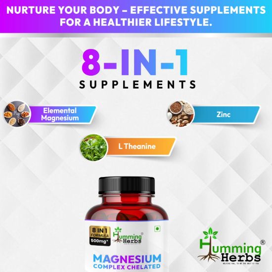 Picture of Magnesium Complex Chelated Supplement - 8 in 1 Formula with Zinc & L-Theanine - 500mg, 120 Capsules