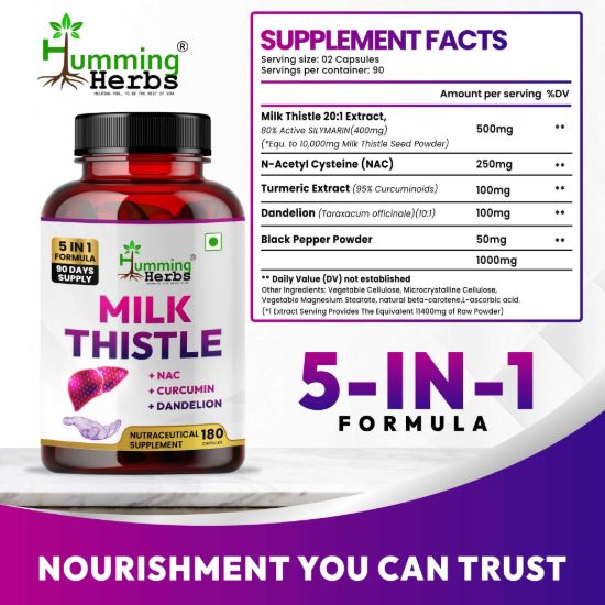 Picture of Milk Thistle Extract 500mg with NAC, Curcumin & Dandelion - 180 Capsules (90 Days Supply) | 5-in-1 Liver Support Supplement
