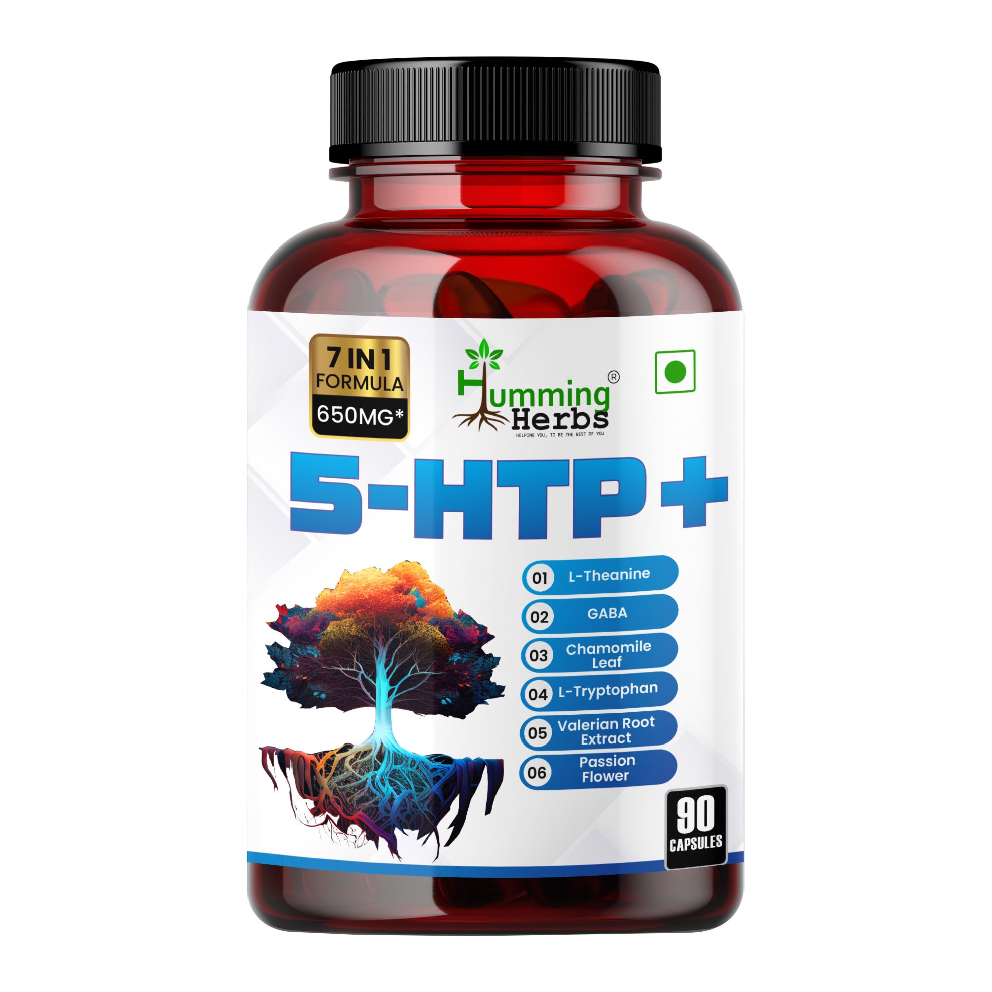 Picture of 5-HTP+ Capsules | 7-in-1 Formula with L-Theanine, GABA, Valerian Root & Chamomile | 650mg | 90 Veg Capsules