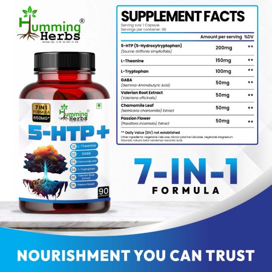 Picture of 5-HTP Plus Supplement - 7-in-1 Formula with L-Theanine, GABA & Valerian Root for Mood, Sleep & Relaxation Support - 90 Veg Capsules (650mg)