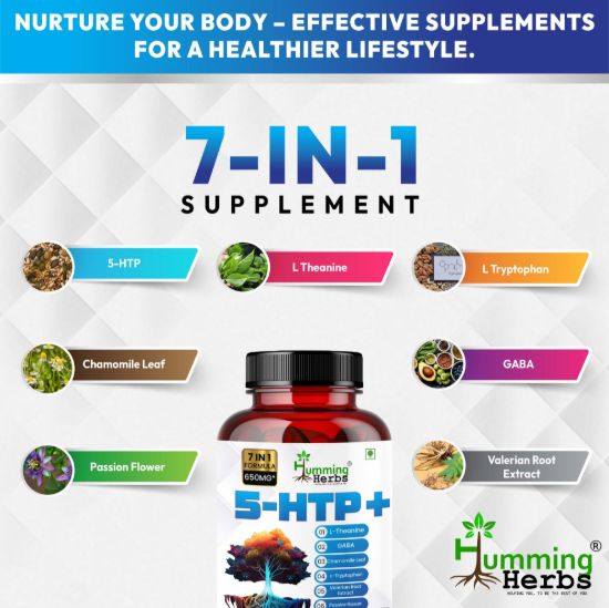 Picture of 5-HTP+ Capsules | 7-in-1 Formula with L-Theanine, GABA, Valerian Root & Chamomile | 650mg | 90 Veg Capsules