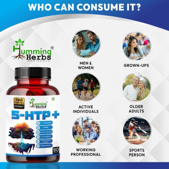 Picture of 5-HTP+ Capsules | 7-in-1 Formula with L-Theanine, GABA, Valerian Root & Chamomile | 650mg | 90 Veg Capsules